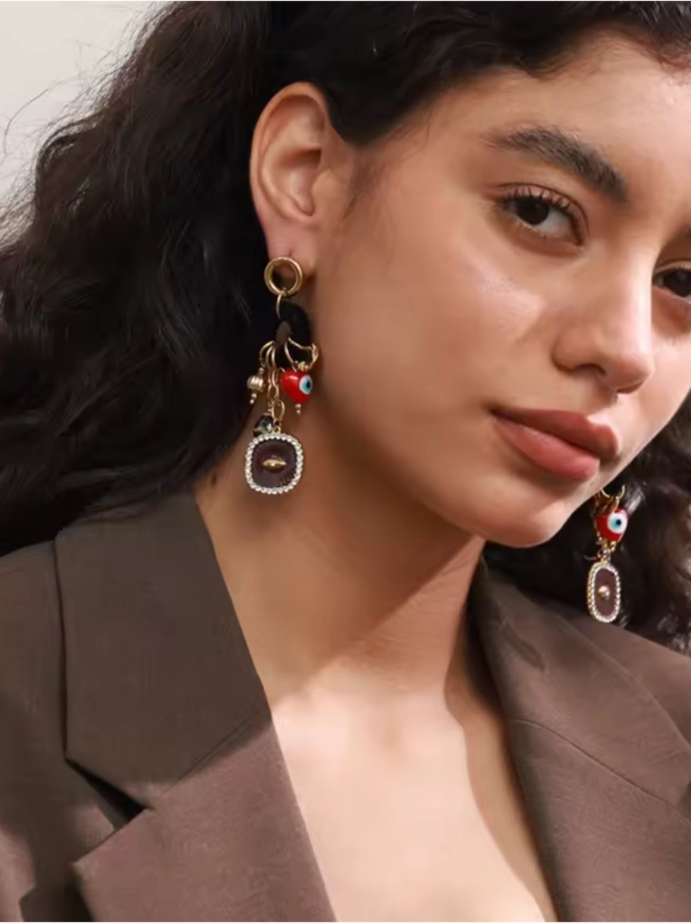Evil Eye Charm Statement Earrings – Gold Tone Boho Earrings - Picture 4 of 9